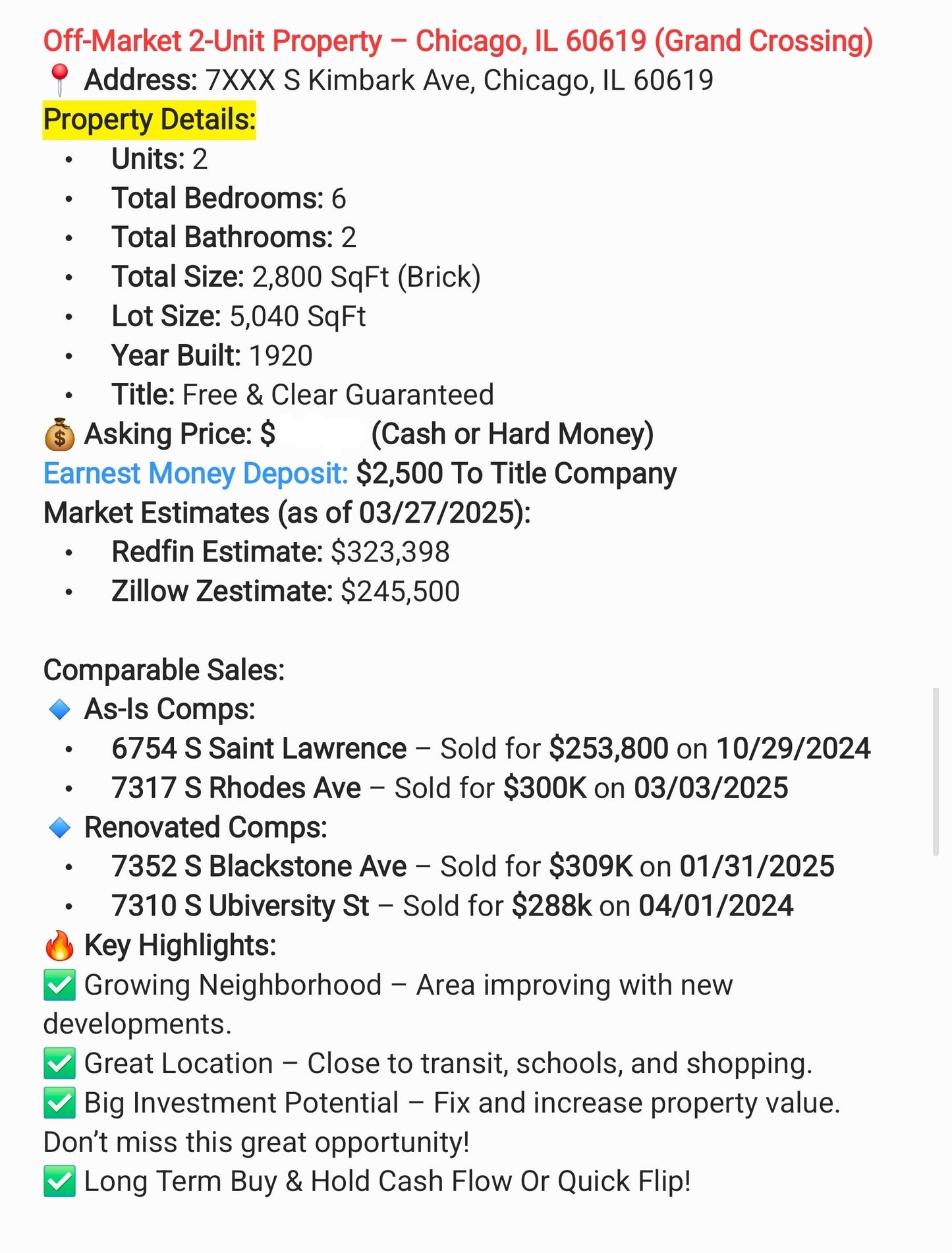 π‘ Off-Market 2-Unit Property in Grand Crossing β Massive Investment Opportunity! πΈ