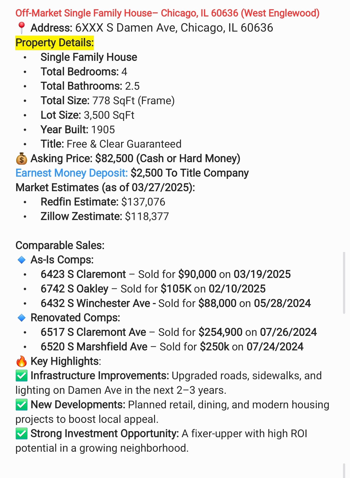 π₯ West Englewood Off-Market Gem β 4BR Home with High ROI Potential! π₯